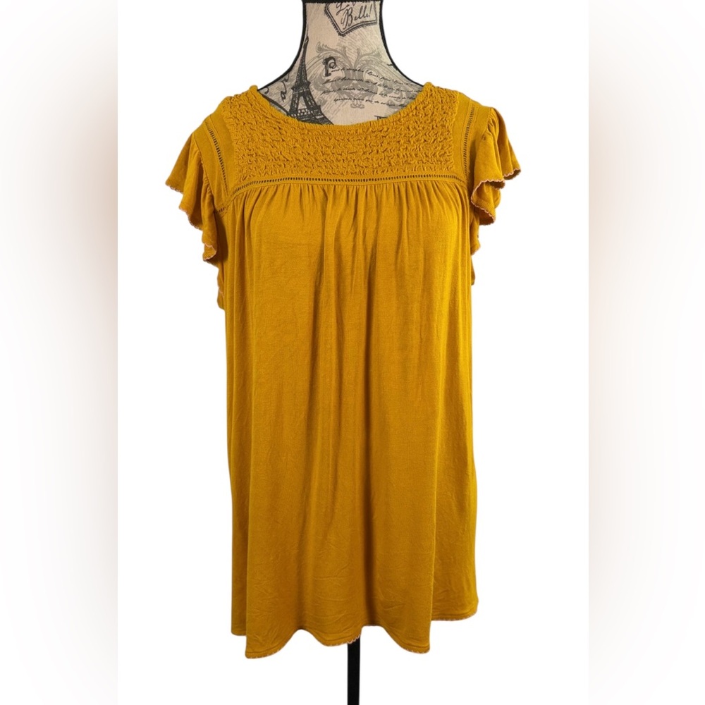Matilda Jane Mustard Yellow Smocked Yoke Flutter Sleeve Tunic Top Size M